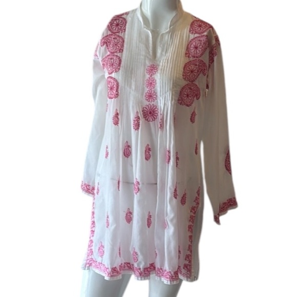 Indika White Sheer Cotton Tunic with Pink Paisley & Floral Embroidery Size Small - Picture 12 of 12